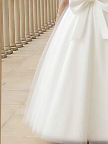 Girls' Elegant White Bow & Pearl Backless Dress, Princess Gown For Flower Girl, Prom, Party, Wedding, Birthday, Christmas - White - View 6