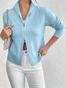 Womens Fall Long Sleeve Sweaters Casual Solid Color Stand Up Collar Knit Sweater For Spring Autumn Daily Office Wear - Blue - View 3