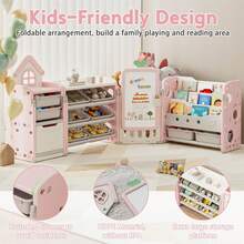 Foldable Kids Toy Storage Organizer With 10 Removable Bins And 3-Tier Bookshelf, 3 In 1 And 4 In 1 Multifunctional Large Toy Organizer With Drawing Board For Kids Bedroom Playroom Living Room - 4 在 1 Off-Light Pink - 查看 3