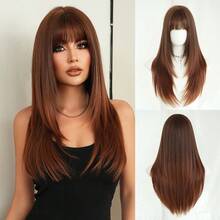 7JHH WIGS 24 Inch Elegant Caramel Brown Long Straight Wig With Bangs, Soft Heat-Resistant Fiber, Full Lace Front Synthetic Layered Wig, Suitable For Daily Wear, Music Festivals, Graduation Gifts, And Mother's Day Gifts - Reddish Brown - Xem 10