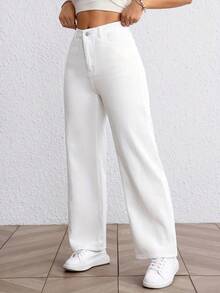 Women's Plus Size White High Waisted Straight Leg Wide Leg Jeans Machine Washable Casual Versatile European And American Style Pants - 白色 - 查看 4