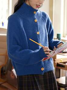 Women's Soft Cozy Turtleneck Long Sleeve Cardigan Sweater, Autumn/Winter - Blue - View 4