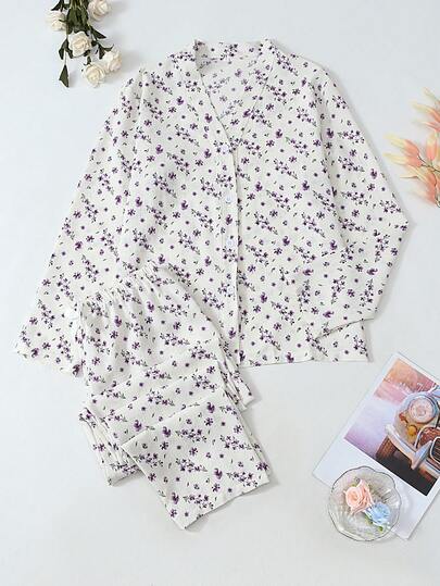 Conjunto de pijama de pantalón y blusa de manga larga con estampado floral para mujer, ropa de otoño