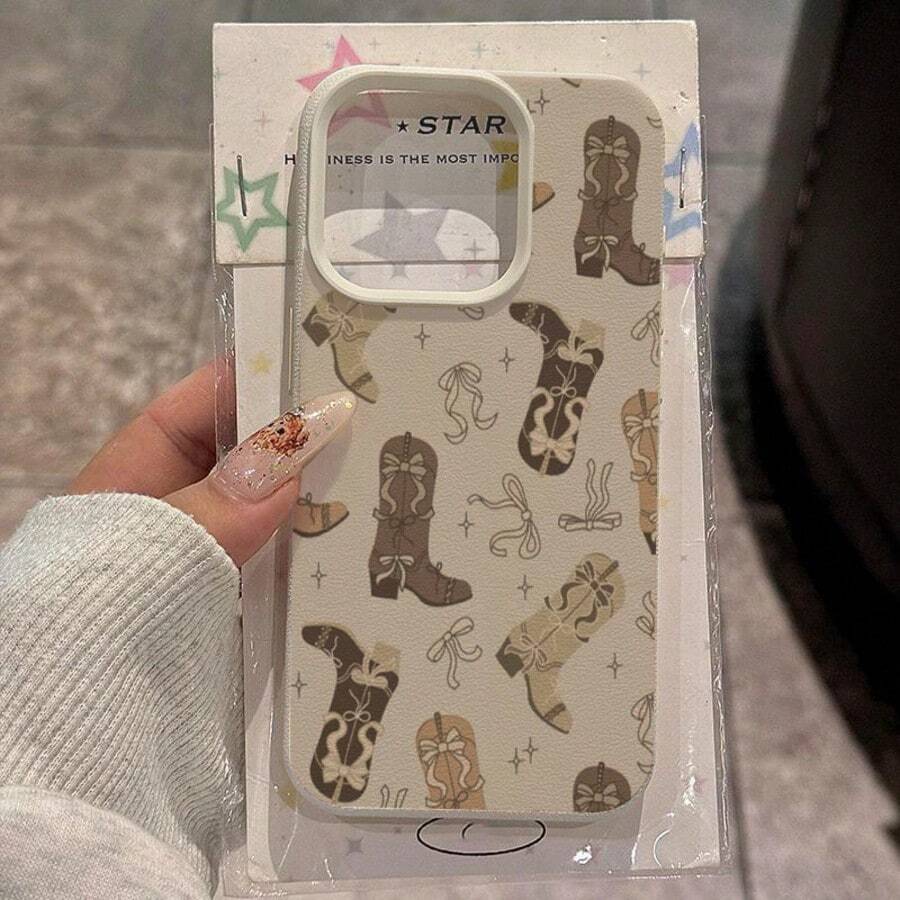 1pc TPU Material Retro Bow Denim Boots Star Pattern Phone Case Compatible With Iphone/ Phones - White - View 1