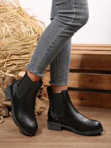 Elastic Rivet Decor Ankle Boots, Solid Color Casual Comfortable Chunky Heel Short Boots, Comfortable Wear, Suitable For Autumn/Winter Teenagers
