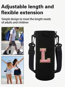 1 件水瓶袋适用于 550ml 750ml 1000ml 1500ml 杯子刺绣字母印花防烫，氯丁橡胶瓶保护架带可调节肩带，适合徒步旅行露营运动水瓶套保温袋斜挎包 - 黑色 - 查看 3