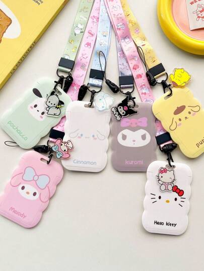 Sanrio 1 pezzo Portacarte da collo lungo della famiglia Sanrio con bordo curvo, porta tessera di identificazione, abbonamento, carte, carte di divieto, appeso allo zaino scolastico