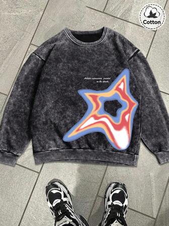 Autumn And Winter Men's Street Y2K Pattern Round Neck Sweatshirt Top, Slightly Stretchy Fit, Washed With Water To Make Old Cotton Black Pullover Long Sleeved Sweatshirt, Casual Daily Back To School Season Sweatshirt Top