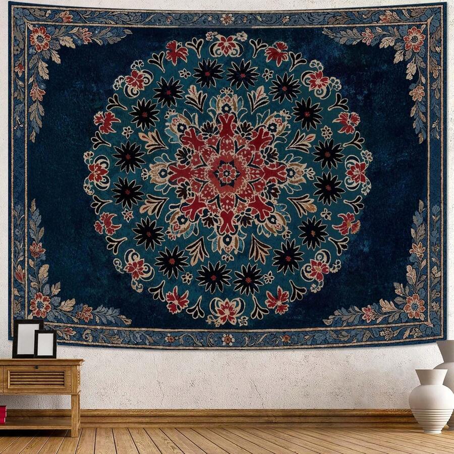 Boho Mandala Tapestry Wall Hanging Bohemian Floral Flower Medallion Tapestry Aesthetic Wall Art Large Green Yellow Hippie  Tapestries, Vintage Wall Decor Banner For Living Room Bedroom Dorm Home Decor(40x30inch/60x40inch/60x51inch/80x60inch) - 藍色 紅色 - 查看 1