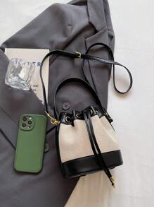 Women's Bucket Bag, Fashion Casual Straw Woven Shoulder Crossbody Bag, Drawstring Closure Mini Handbag - Black - View 8