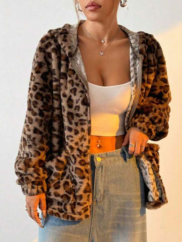 Leopard Print Fluffy Hooded Cardigan, Zip-Up Warm Women Jacket With Pockets, Autumn/Winter