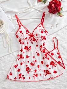 2 pièces Robe de lingerie sexy en maille à imprimé floral floqué rouge avec culotte tanga, douce, mignonne, élégante