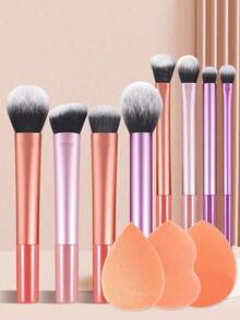 8pcs Aluminum Makeup Brush Set For Beginners - Powder Brush, Blush Brush, Contour Brush, Nose Brush, Eye Shadow Brush, Detail Brush, Shading Brush + 3pcs Beauty Sponge Blenders