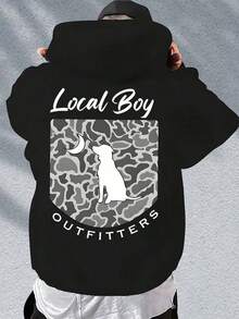 Local Men's Patterned Hoodie,With Pocket,Regular Casual Pullover,Suitable For Autumn And Winter,Machine Washable Fashion Printed Sweatshirt - 黑色 - 查看 4