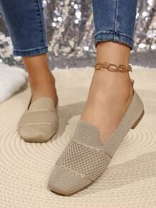 Fall/Winter Women's Fashion Minimalist Breathable Knit Square Toe Slip-On Flat Shoes, Comfortable, Lightweight, Elegant And Versatile - Khaki - View 4