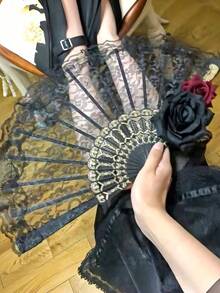 1 件万圣节服装道具哥特式蕾丝玫瑰手持风扇，派对拍照道具，性感蕾丝装饰配件