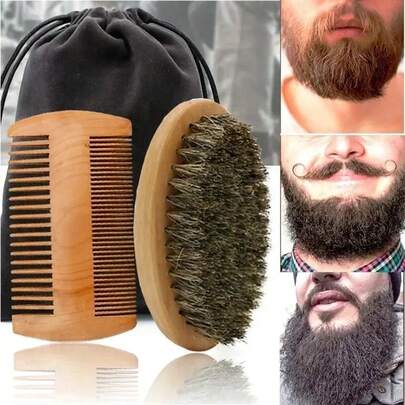 Vender caliente Cepillo de cerdas de jabalí suaves de madera, herramienta de afeitado para peluquería, kit de peine para bigote de hombre con bolsa, set de peine para barba