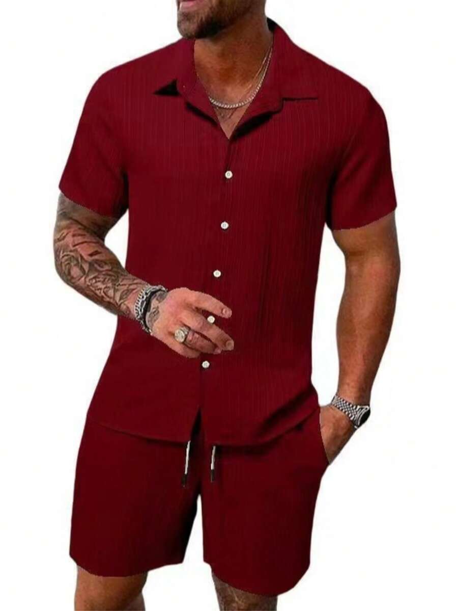 Summer Men's Casual Solid Color Shirt Short Sleeved Beach Pants Set 2-Piece Set - 酒紅色 - 查看 1