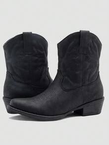 GLOBALWIN Square Toe Cowboy Boots For Women Western Boots With Low Heel Ankle Boots Cow Girls Outfits Women Fall Winter Spring Boots - 黑色 - 查看 3