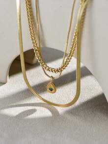 3 Buah Kalung Liontin Minimalis Emas Modis yang Dapat Ditumpuk, Desain Liontin Zirkonia Tembaga, Aksesori Harian Serbaguna untuk Wanita - Yellow Gold - View 3