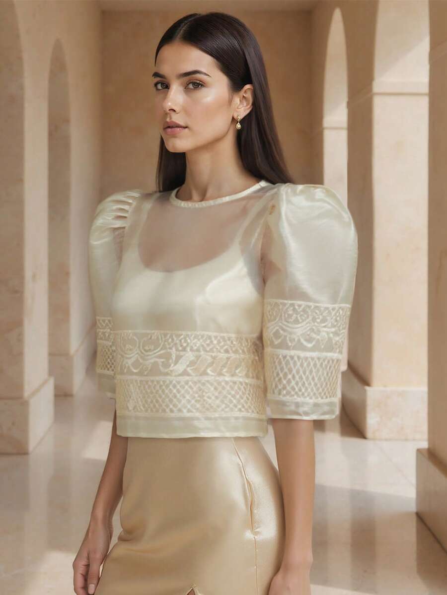 现代菲律宾风格女士时尚舒适刺绣泡泡袖上衣，适合开斋节穿着 - 香檳色 - 查看 1