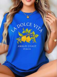 Women's 100% Cotton  LA DOLCE VITA  T-Shirt, Women's Christmas 220g Heavy Cotton T-Shirt (1 PC) - 藍色 - 查看 1