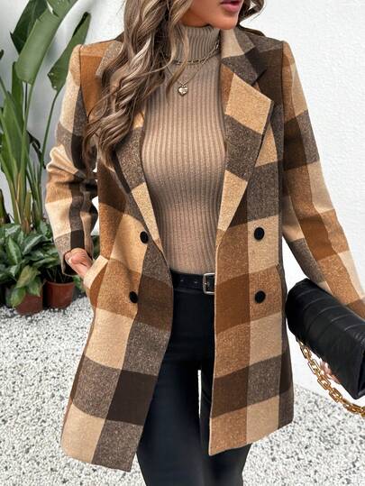 2025 Classic Women's Cover Up, Camel Color Frame, Lapel, Buttons And Decoration, Suitable For Autumn, Winter, Spring, Elegant Warm Plaid Double Pocket Zipper