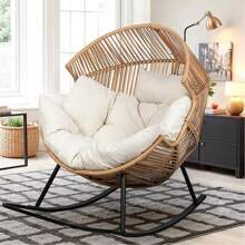 Oversized Beige PE Wicker Rocking Rocking Egg Chair - Outdoor Indoor Rattan Lounge Chair With Comfortable Cushion, Ergonomic Design, Sturdy Steel Frame For Patio, Balcony, Bedroom, Backyard Furniture