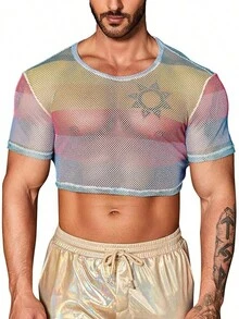 Men's Fishnet Mesh Tee Shirt Round Neck Short Sleeve Crop Top - 彩色 - 查看 1