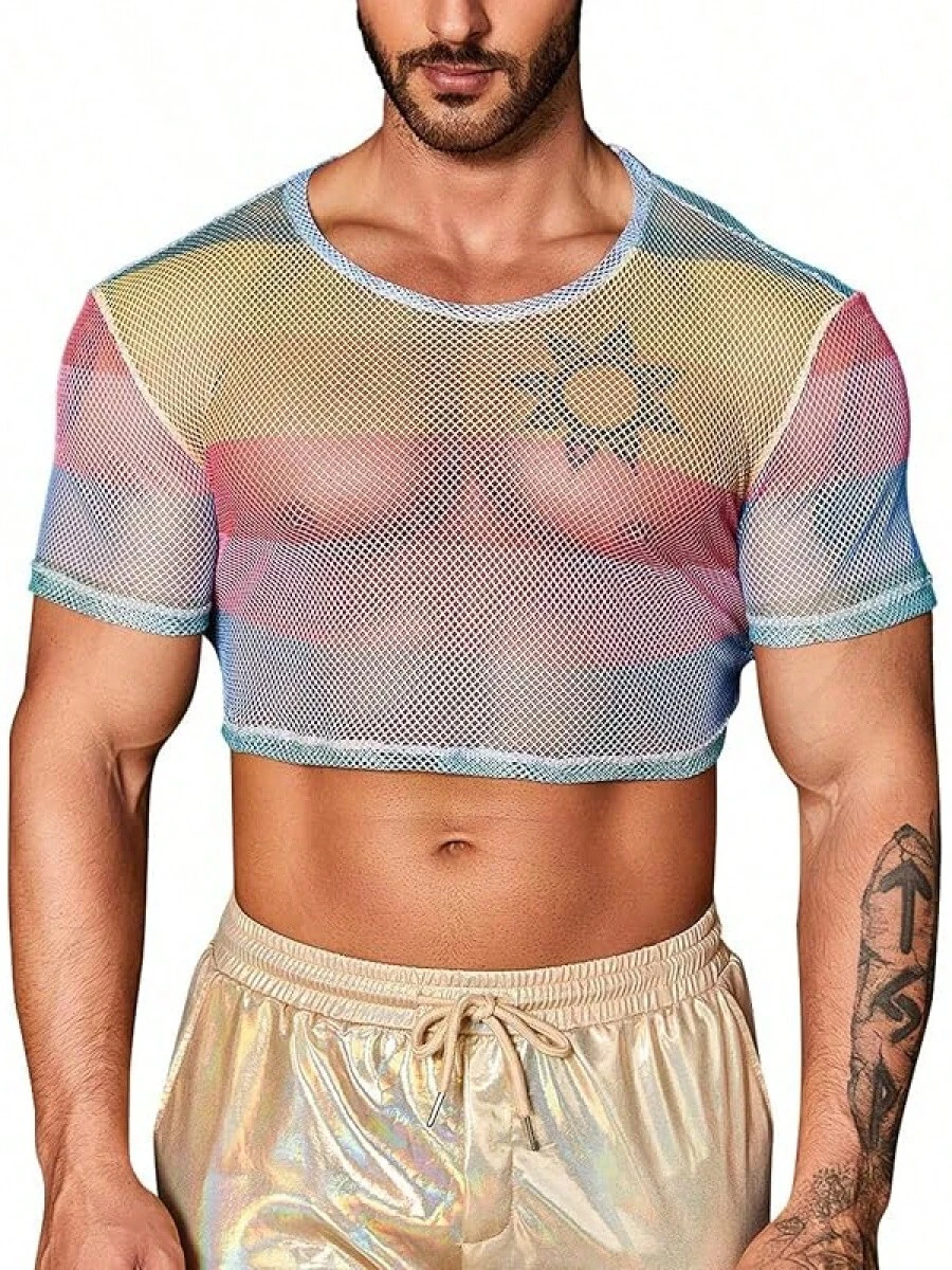 Men's Fishnet Mesh Tee Shirt Round Neck Short Sleeve Crop Top - 彩色 - 查看 1