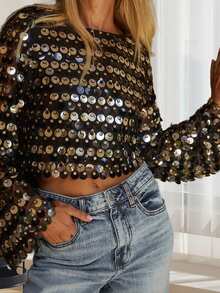 Womens Long Sleeve Sequined Tops Loose Fit Stylish Sparkly Crew Neck Long Flared Sleeve T-Shirt
