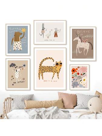 1pc Minimalist Cartoon Mouse Cheetah Rabbit Bear Unicorn Wall Art Canvas Painting Nordic Posters And Prints Wall Pictures Baby Kids Room Decor