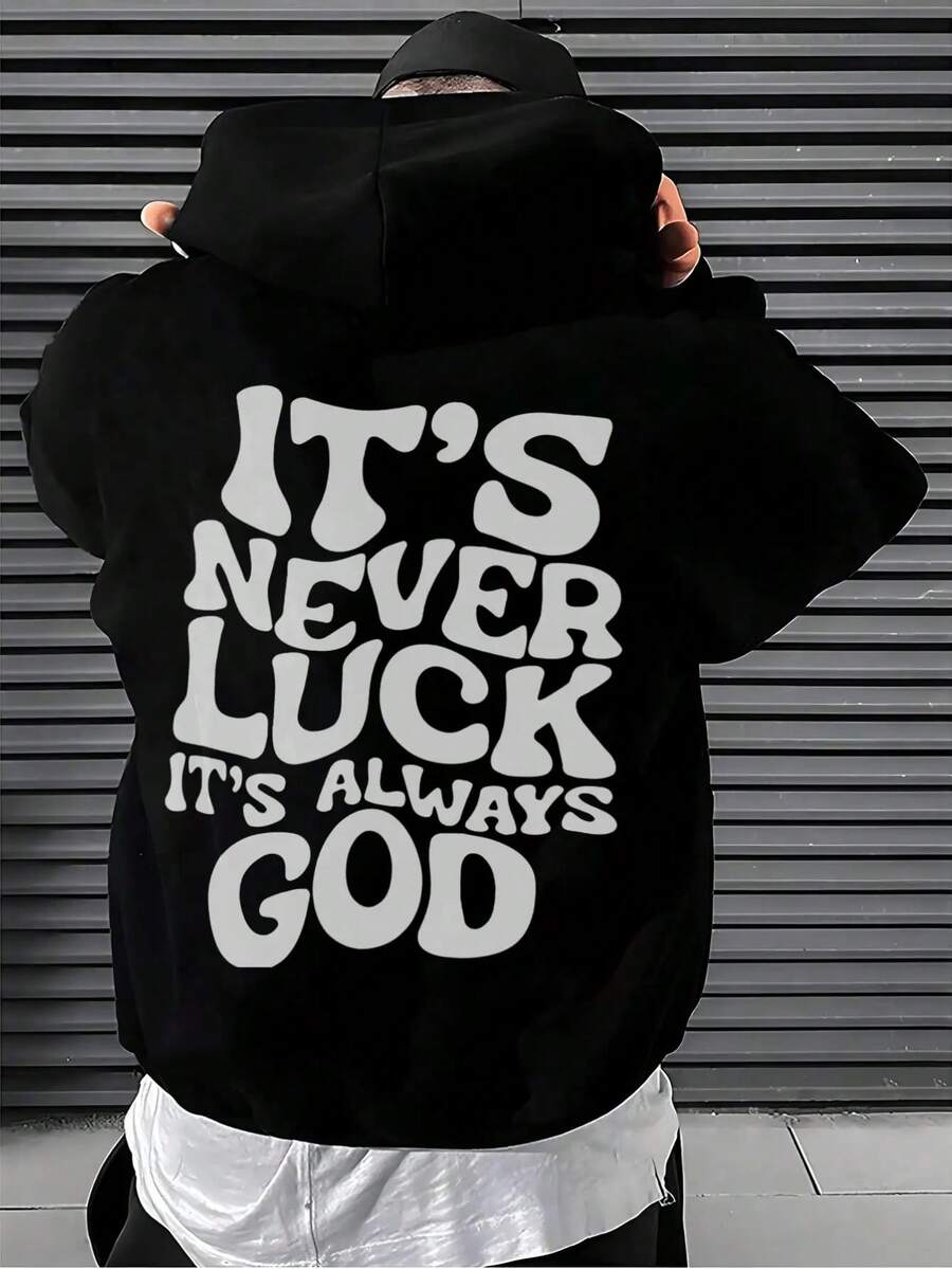 Men's Loungewear Black Hoodie For Men With White Print "It's Never Luck, It's God" On The Back - Casual Sweatshirt, Religious Faith Clothing, Warm Hooded Coat For Winter, Machine Washable, Ideal For Casual Outfit And Gift Loose And Comfortable - 黑色 - 查看 1