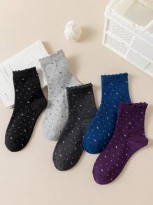 5 perechi de șosete pentru femei - șosete din dantelă cu buline și stele până la jumătatea gambei, șosete retro cu graffiti și strasuri, șosete la modă în stil Hyun-A pentru mame, șosete pentru bunici, calde, moi, respirabile, absorbante de umezeală, croială lejeră, potrivite pentru zi cu zi, casual, sport, cadouri, versatile pentru toate anotimpurile