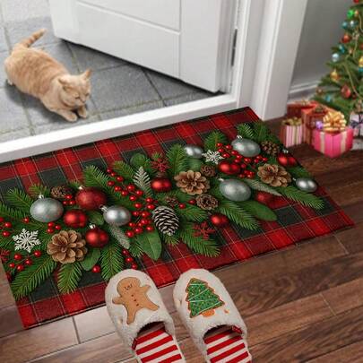 1pc Christmas Snowball Plaid Door Mat/Kitchen Mat/ Bath Mat- Machine Washable, Soft & Absorbent For Home Decor, Perfect For Living Room, Bedroom Entrance