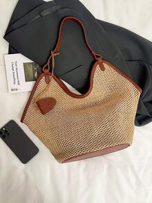 Minimalist Fashion Woven Bag, Large Capacity Vintage Beach Bag, Contrast Color Tote - Brown - View 4