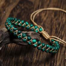 1 Stück Natürliches Malachit Doppelschicht Armband - handgewickelt & geflochten, geschwungene grüne Muster, Boho mehrschichtiges Design, stilvoller Alltagsaccessoire - Malachit - Übersicht 4