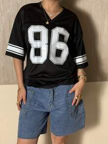 Womens Oversized Jersey Tops Half Sleeve V Neck Letter Graphic Loose T-Shirts Tunics - màu đen - Xem 3