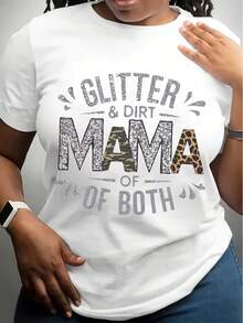 1pc Mama Glitter & Dirt Graphic Tee, Women'S Plus Size Casual Round Neck T-Shirt, Polyester Knit Fabric, Geometric Pattern Design, All-Season Comfort - 白色 - 查看 1