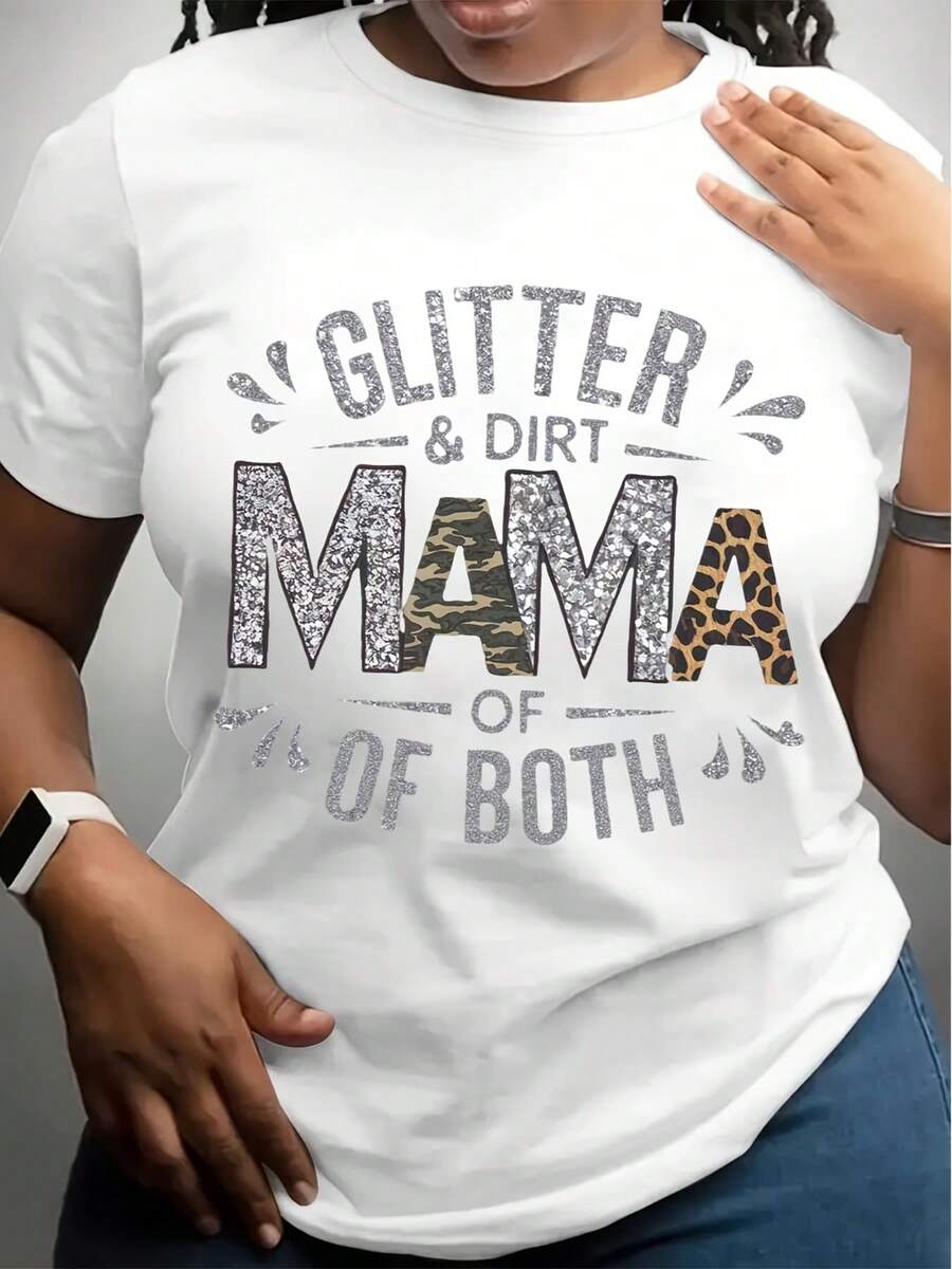 1pc Mama Glitter & Dirt Graphic Tee, Women'S Plus Size Casual Round Neck T-Shirt, Polyester Knit Fabric, Geometric Pattern Design, All-Season Comfort - 白色 - 查看 1