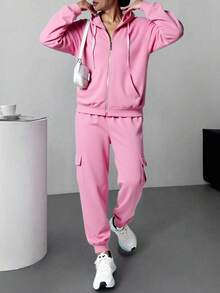 Sudadera Con Capucha De Manga Larga Con Cierre  Y Pantalones Con Bolsillo De Solapa, Traje Deportivo - Rosa Pálido - Ver 1