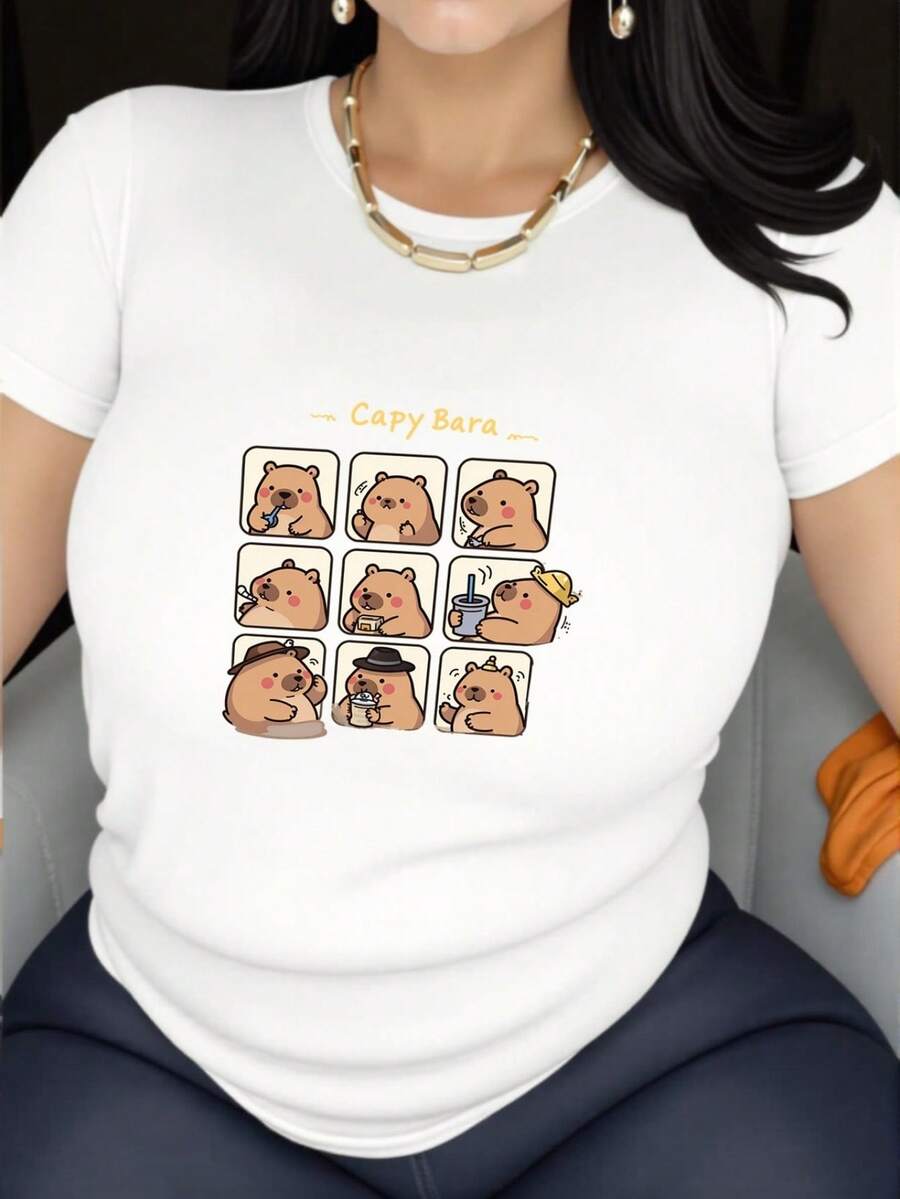 Camisetas y Camisetas Casuales de Estilo 2025 con Estampado de Capibara para Mujer, Ropa Casual de Pijama, Manga Corta, Ropa Deportiva Transpirable y de Secado Rápido, Versátil y Cómoda para Correr y Fitness - Ideal para Adultas y Jóvenes - Blanco - Ver 1