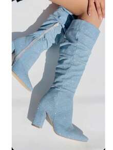 Nuevas botas altas de montar de tacón grueso con punta puntiaguda y cremallera lateral, versátiles para mujer, de moda europea y americana, para otoño/invierno colores únicos  Cowboy    Cremallera lateral    comodas  primavera,verano,otoño - Azul - Ver 4
