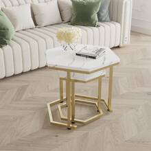 Set Of 2pcs Hexagonal Shape Side End Tables Nested Tables Sofa Lamp Tables Small Coffee Tables Marble Effect MDF Top Board Metal Frame For Dining Room Living Room Bedroom - White - View 5