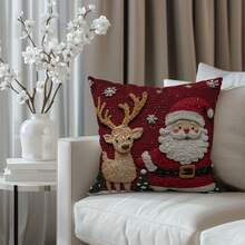 4 piezas Fundas de cojín impresas en terciopelo 2D con diseños navideños de Papá Noel, renos y árbol de Navidad, de 18" X 18", adecuadas para sala de estar, dormitorio, sofá, cama, decoración exterior. No incluye relleno de cojín (no es bordado real)