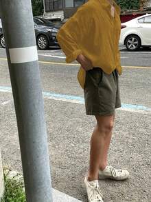 男士休闲宽松长袖纯色纽扣亚麻衬衫，秋季 - 黃色 - 查看 4