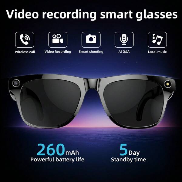 Neue intelligente Sonnenbrille, multifunktionale Sonnenbrille, 260mAh Großer Akku, KI-Objekterkennung, Anrufe, Musikwiedergabe, Foto, Videoaufnahme, Videoaufnahme, wiederaufladbar, HD-Linse, fortschrittliche Technologie, unisex, Berührungssensorik, intelligente Polarisation, Kamera, Rundumklang-Lautsprecher, KI-Sprachassistent, das beste Geschenk für Freunde