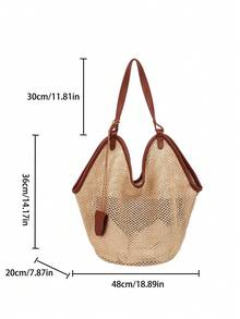 Minimalist Fashion Woven Bag, Large Capacity Vintage Beach Bag, Contrast Color Tote - Brown - View 5
