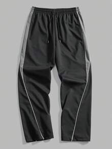 Men's Contrast Color Patchwork Pants, Spring/Autumn High Street Design Functional Casual Straight Leg Trousers - Black - View 2