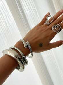 3 件套时尚朋克老钱风格简约金色几何光滑不对称泪珠金属手镯套装，适合女性，厚重光滑金属和锌合金材质